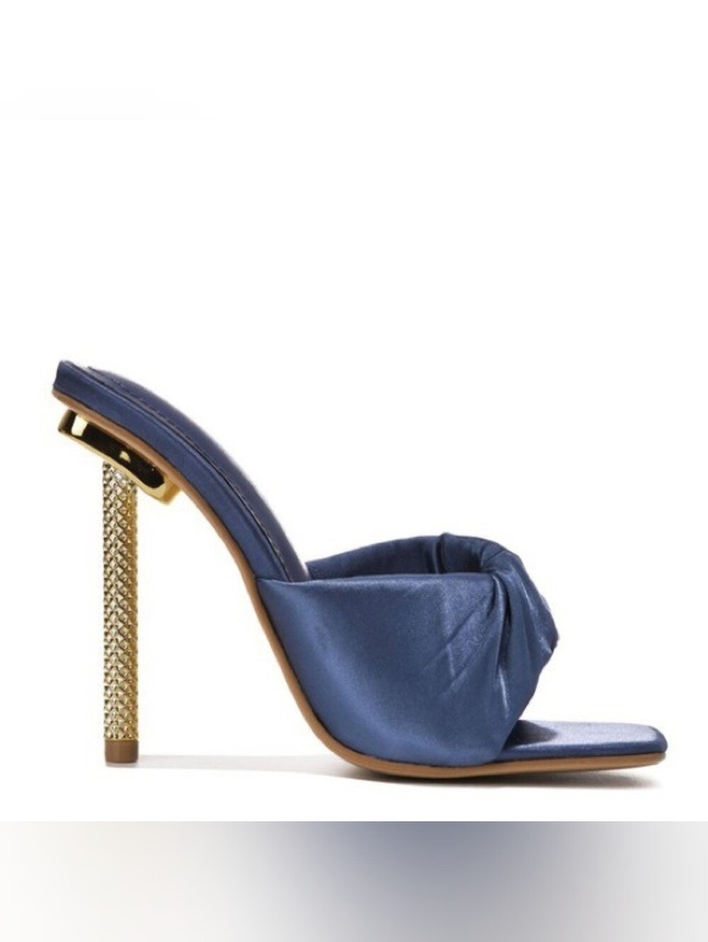 Blue Satin Knot Slide Sandal with Gold Heel 8.5